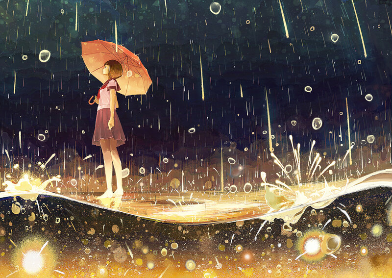 Girl with Umbrella in Rain — Dark Blue