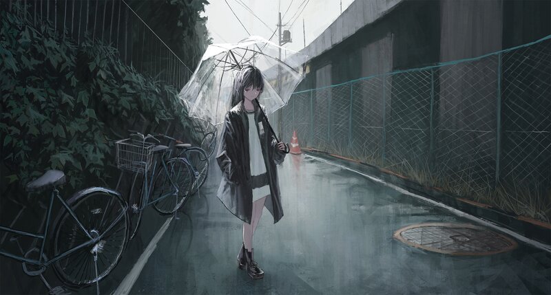 Girl with Umbrella in Rain — Gray, Melancholic, Afternoon