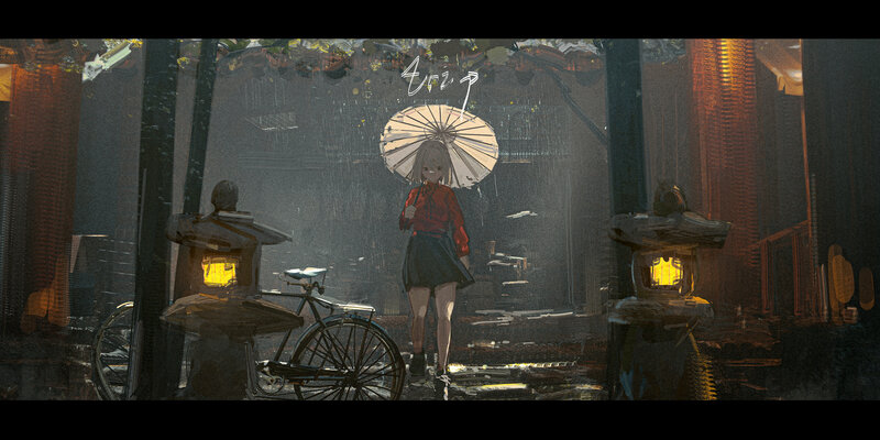 Girl with Umbrella in Rain — Gray, Melancholic, Night, Digital Art