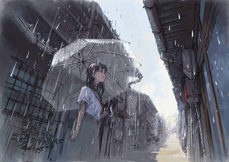 Girl with Umbrella in Rain — Gray