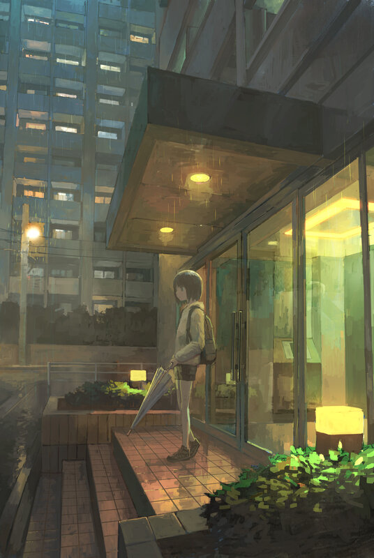 Girl with Umbrella in Rain — Green, Melancholic, Night