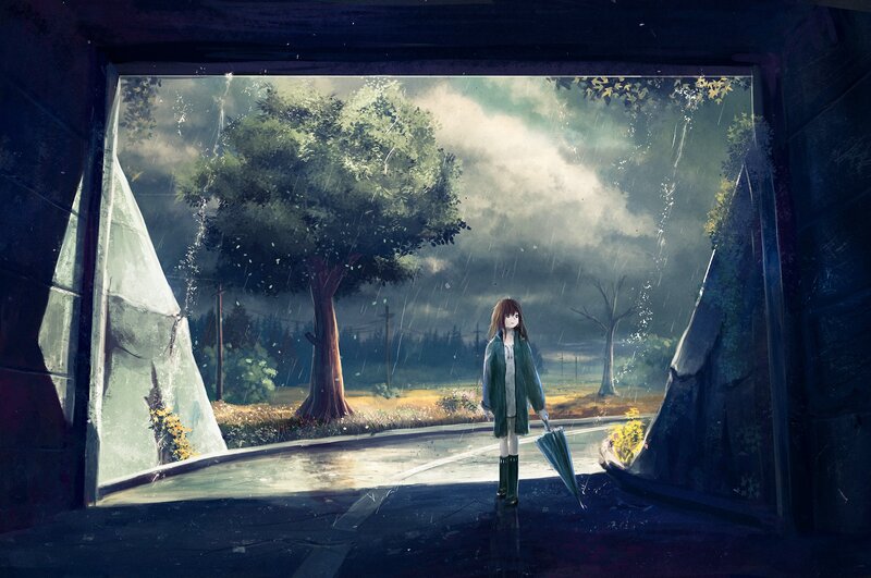 Girl with Umbrella in Rain — Green, Melancholic