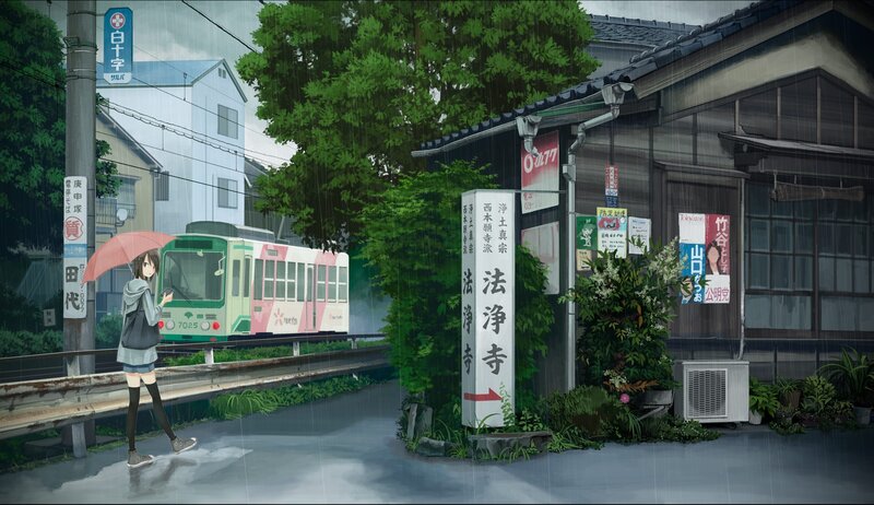 Girl with Umbrella in Rain — Green, Rainy, Afternoon