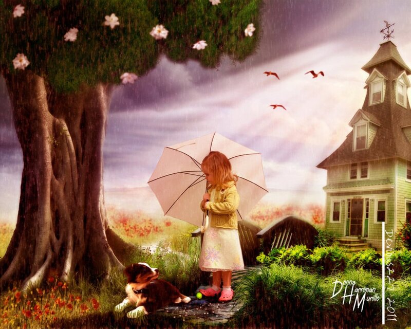 Girl with Umbrella in Rain — Green