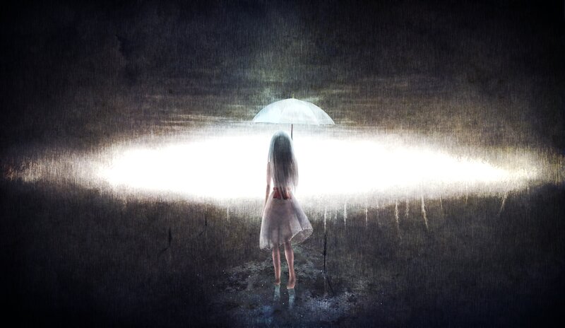 Girl with Umbrella in Rain — White
