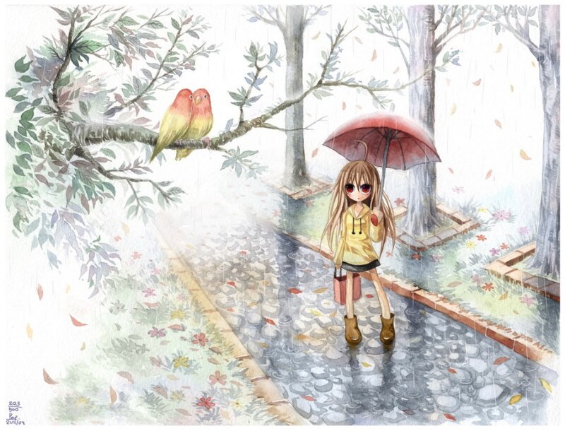 Girl with Umbrella in Rain — Yellow