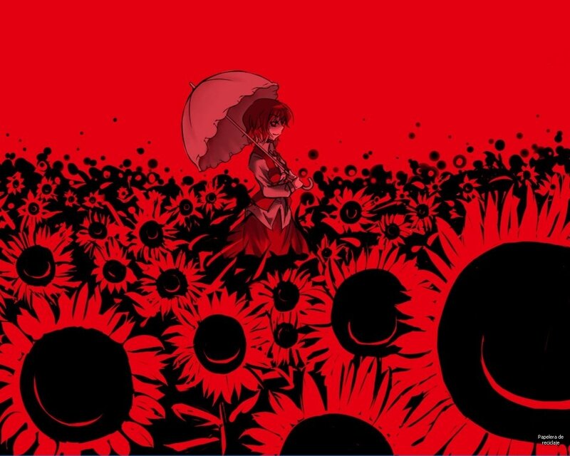 Girl with umbrella in red field