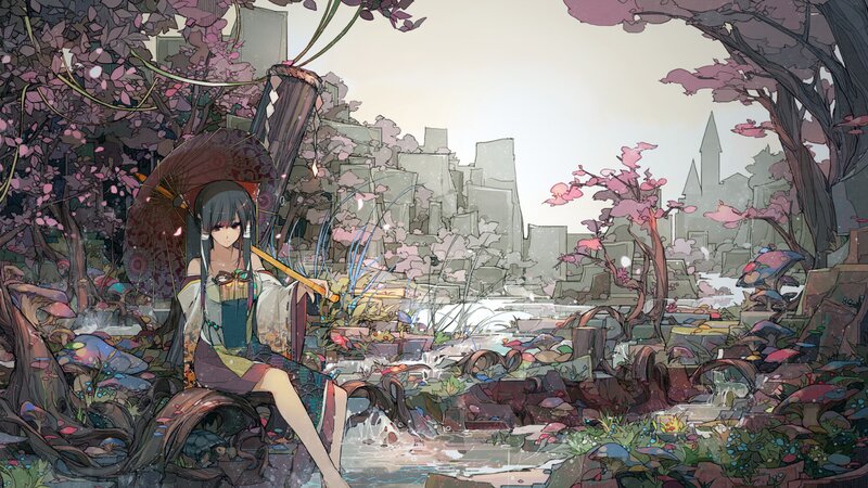 Girl with Umbrella in Ruins