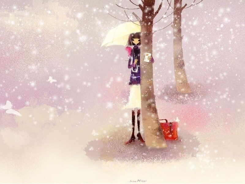 Girl with umbrella in snow