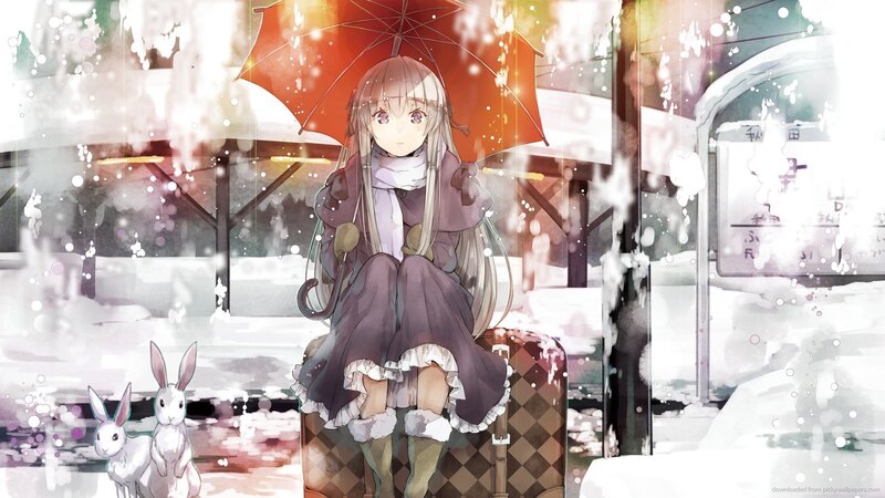 Girl with Umbrella in Snow — White, Serene, Winter, Anime, Rabbit