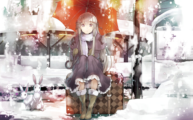 Girl with Umbrella in Snow — White