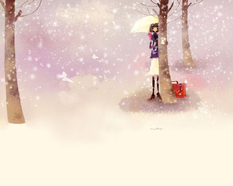 Girl with umbrella in snowy forest