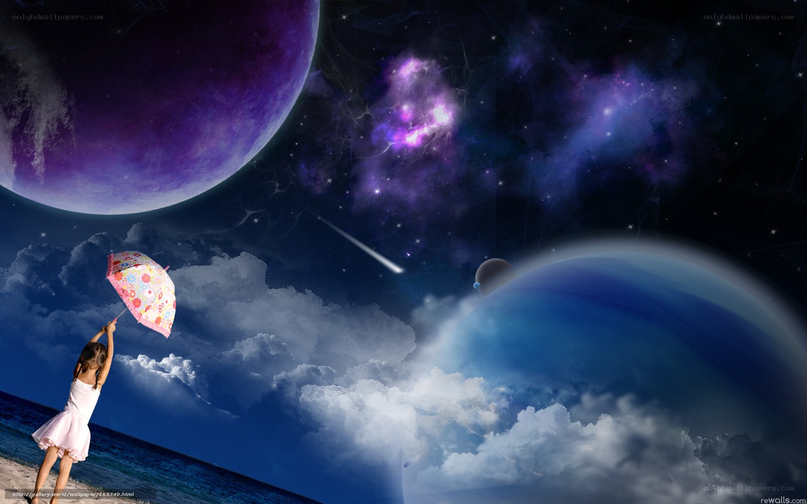 Girl with umbrella in space