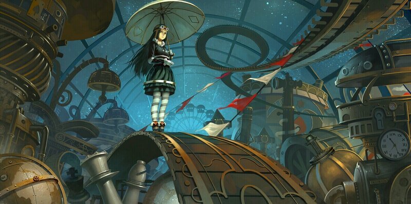girl with umbrella in steampunk world