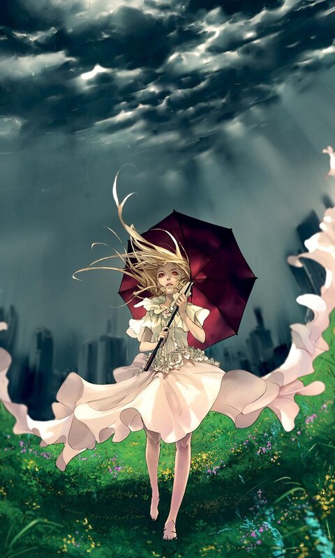 Girl with umbrella in storm