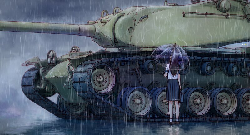 Girl with Umbrella Near Tank