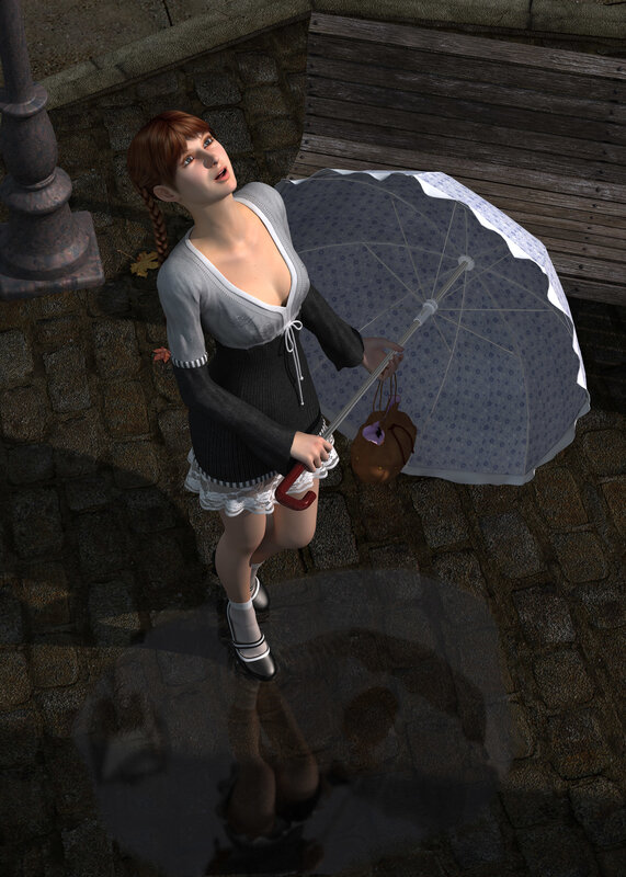 Girl with umbrella on cobblestones