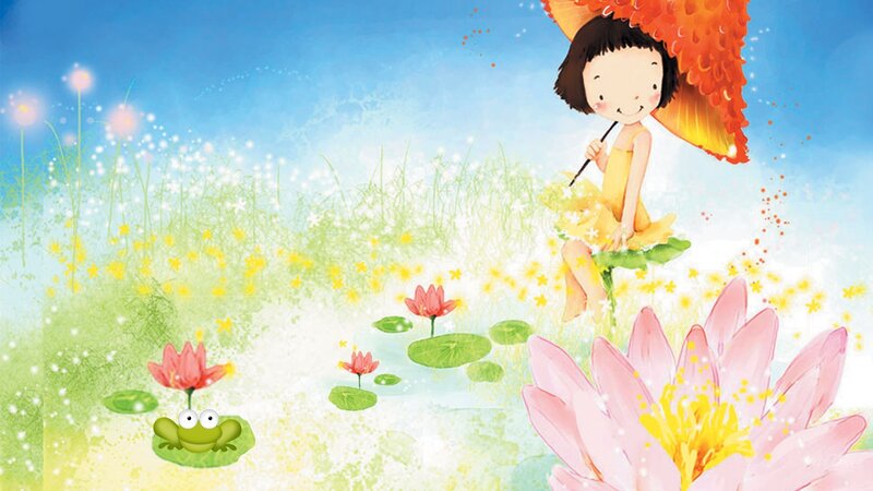 Girl with Umbrella on Lily Pad