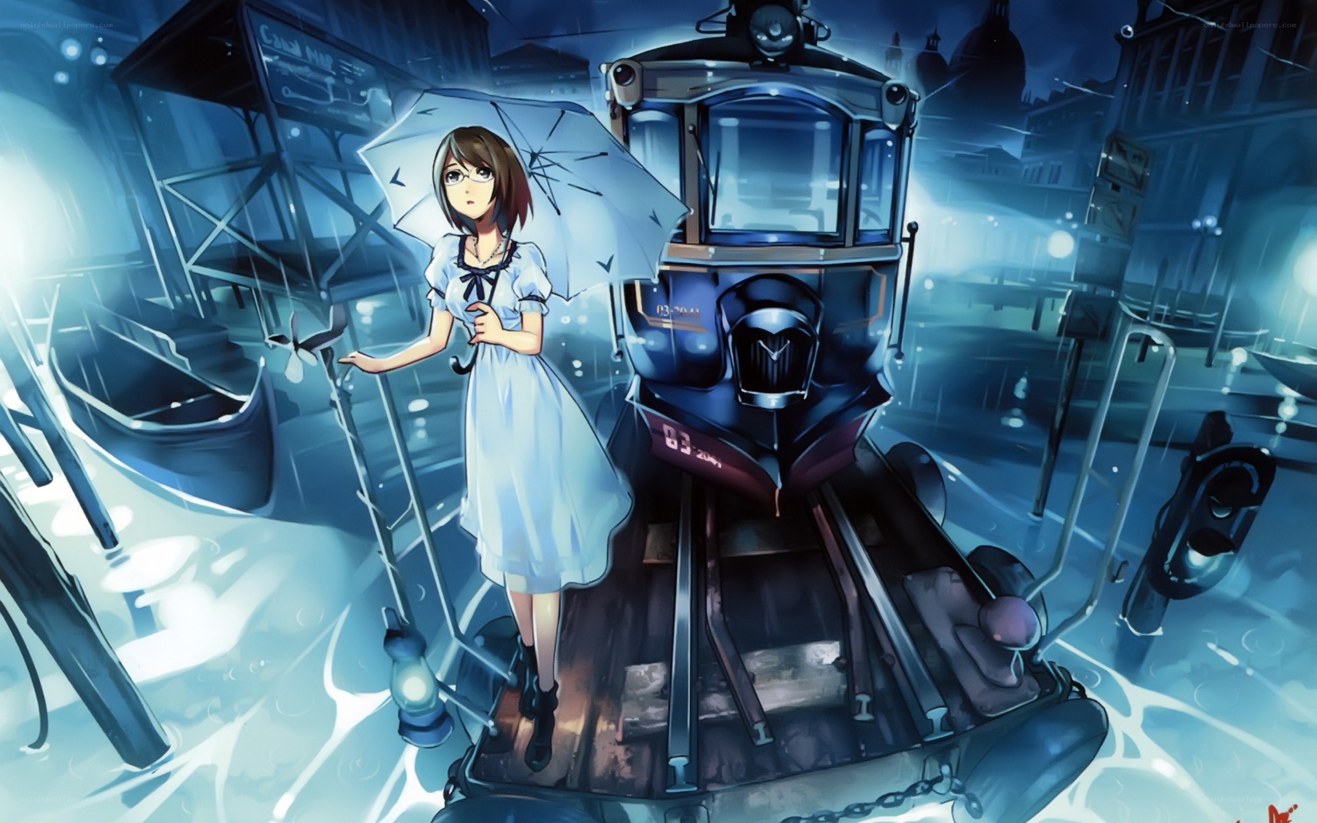 girl with umbrella on train