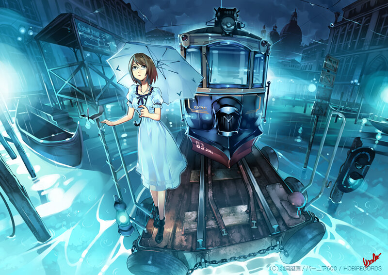 Girl with umbrella on tram