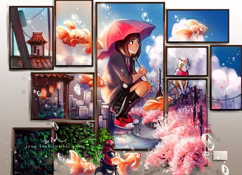 Girl with Umbrella — Pink, Dreamy