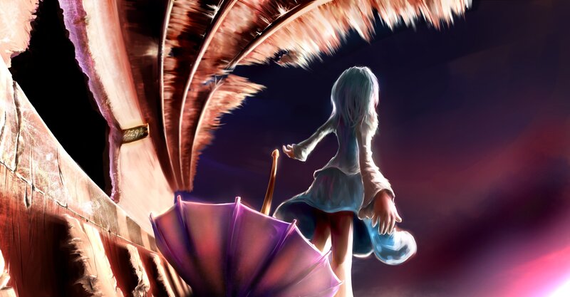 girl with umbrella under feathers