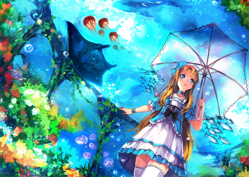 Girl with Umbrella Underwater — Blue