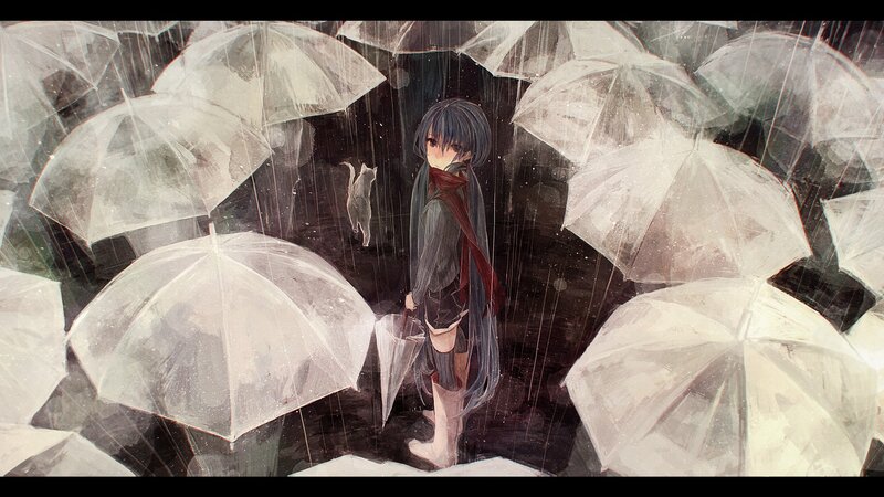 Girl with umbrellas in the rain