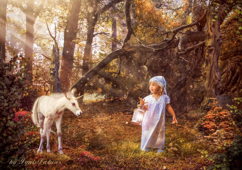 Girl with Unicorn in Forest — Golden