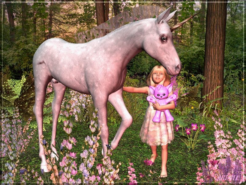Girl with unicorn in forest