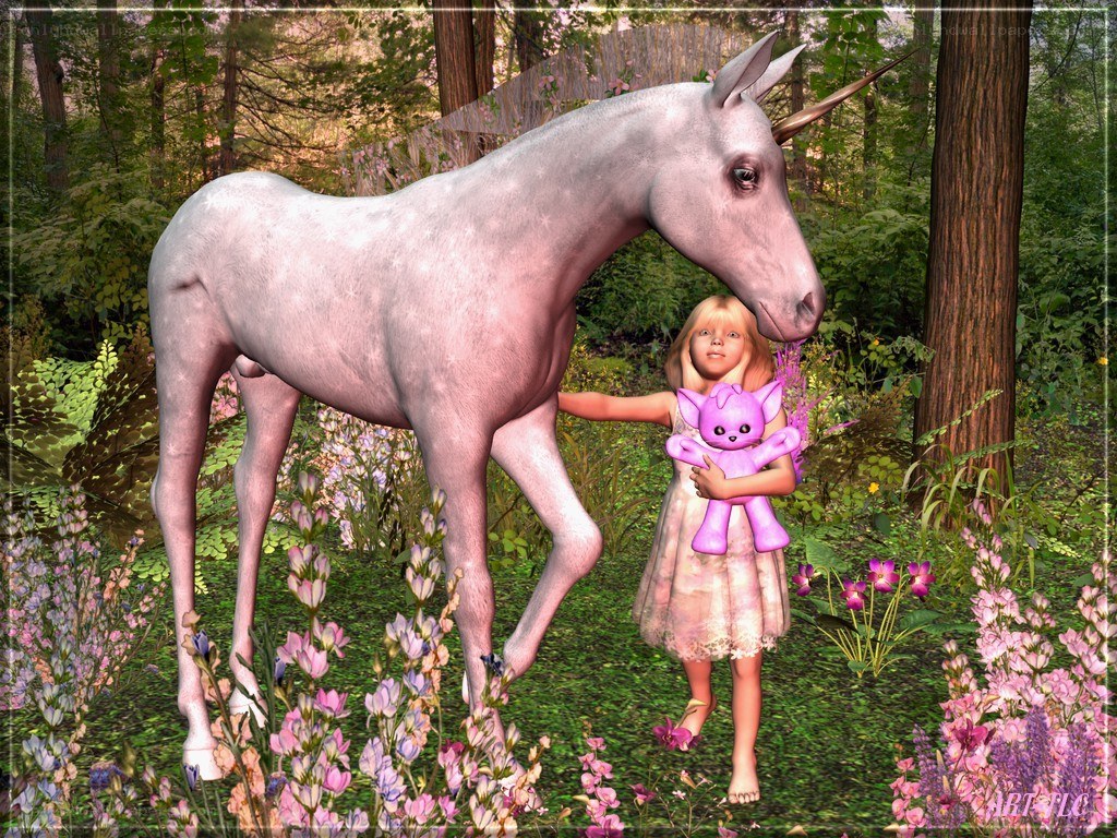 Girl with unicorn in forest