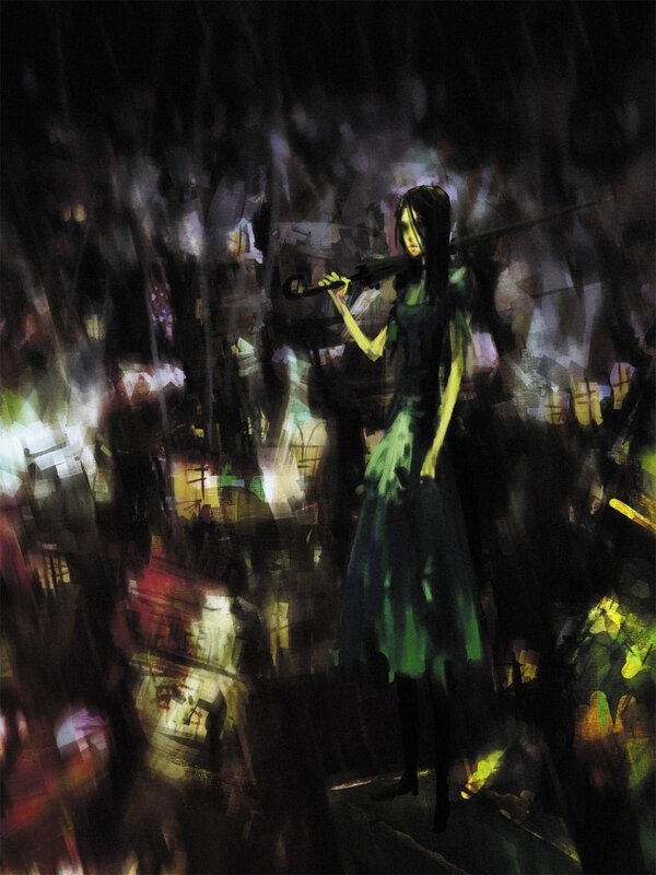 Girl with violin in dark city