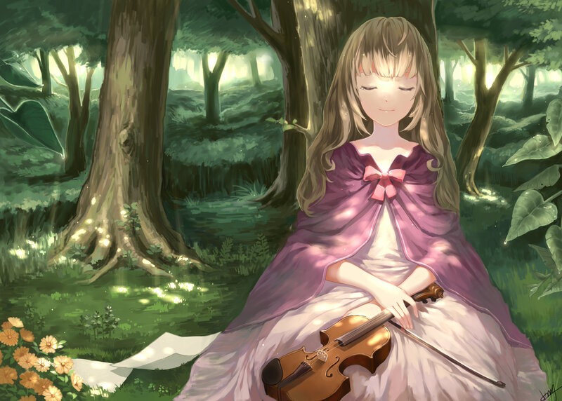 Girl with Violin in Forest