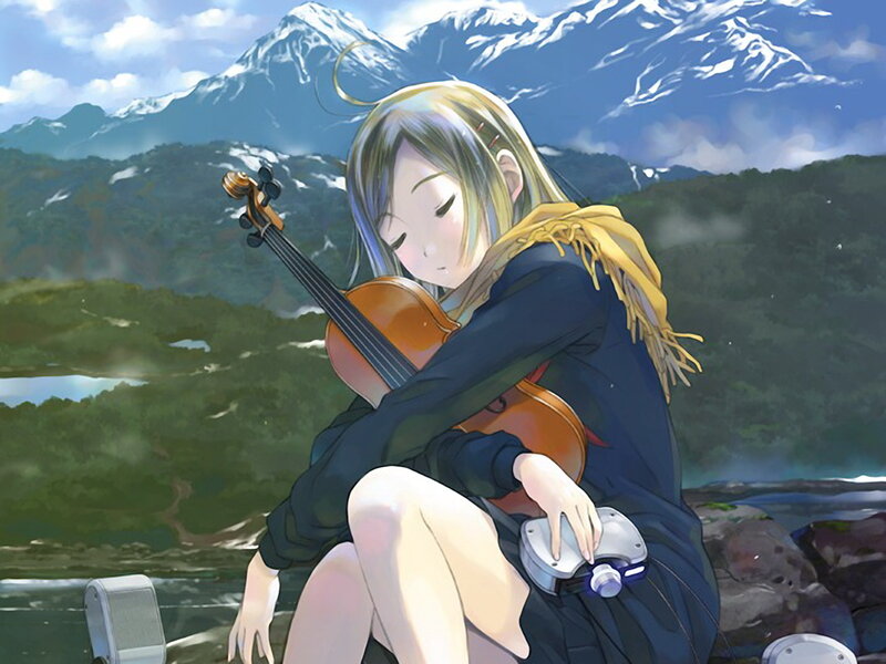 Girl with violin in mountains