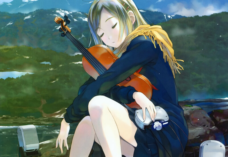 Girl with violin in nature