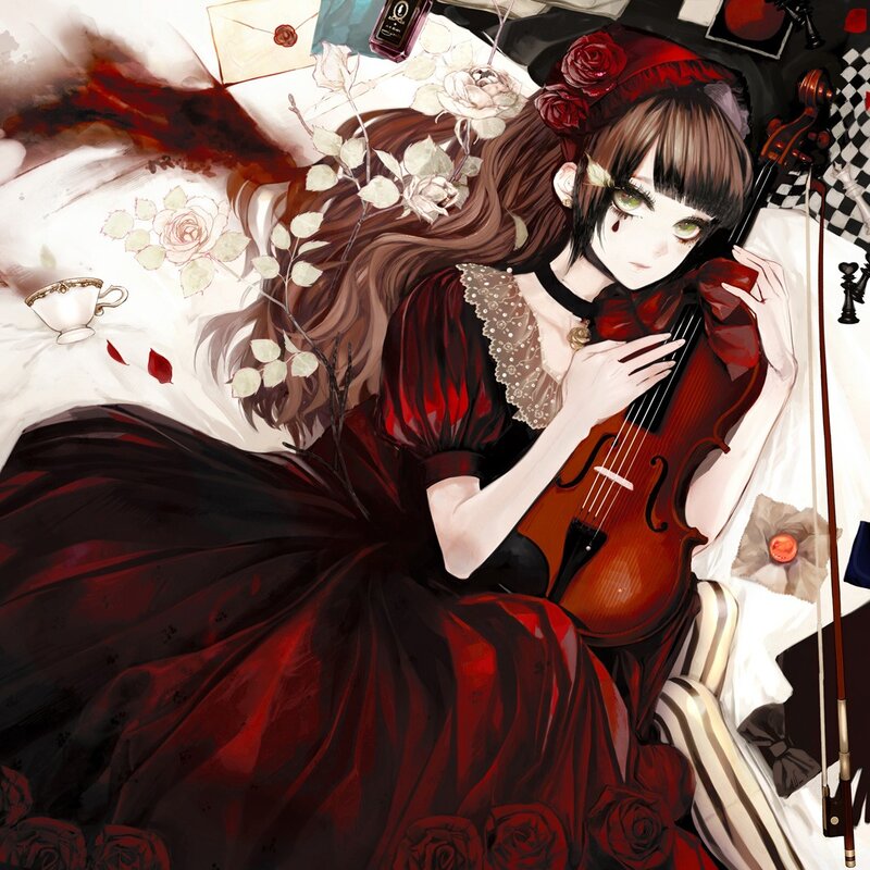 girl with violin in red dress