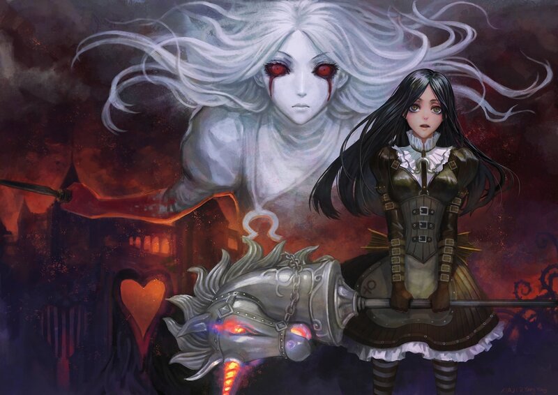 Girl with Weapon and Ghost — Red, Dramatic, Dark