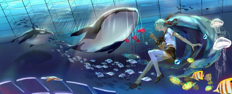 girl with whales in aquarium