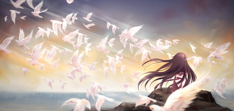 girl with white birds on cliff