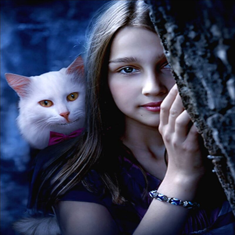 Girl with White Cat — Blue, Mysterious