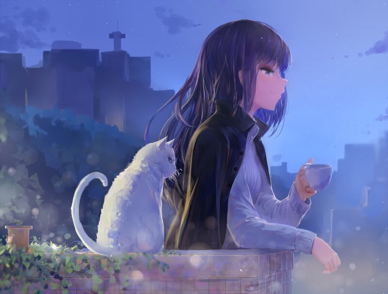 Girl with White Cat — Blue, Serene, Night