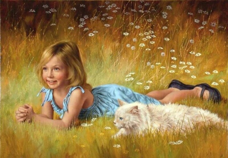 Girl with White Cat — Blue, Serene