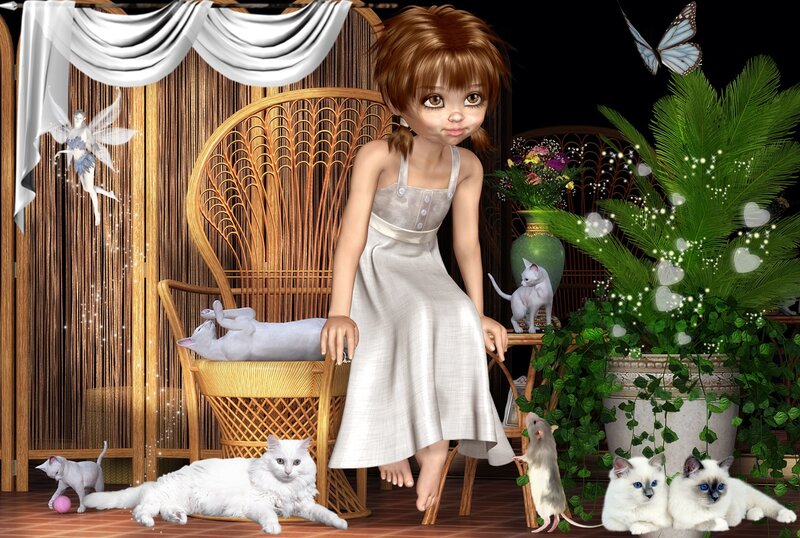 Girl with White Cats
