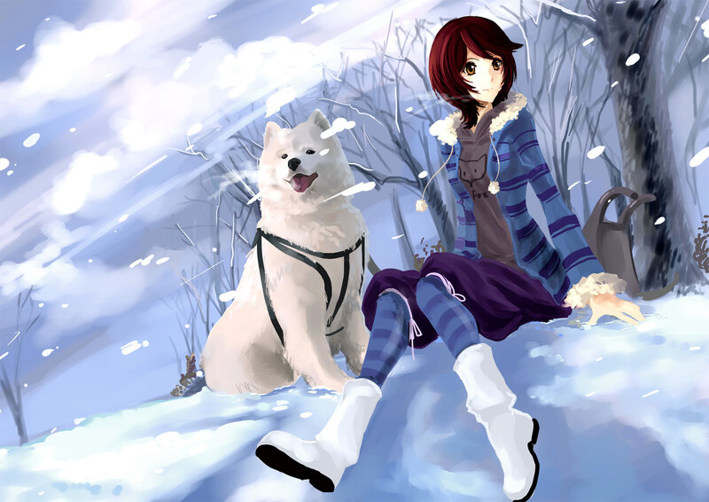 Girl with White Dog in Snow