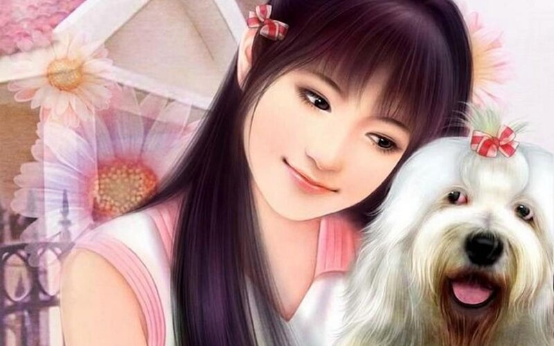 Girl with White Dog — Pink, Cheerful
