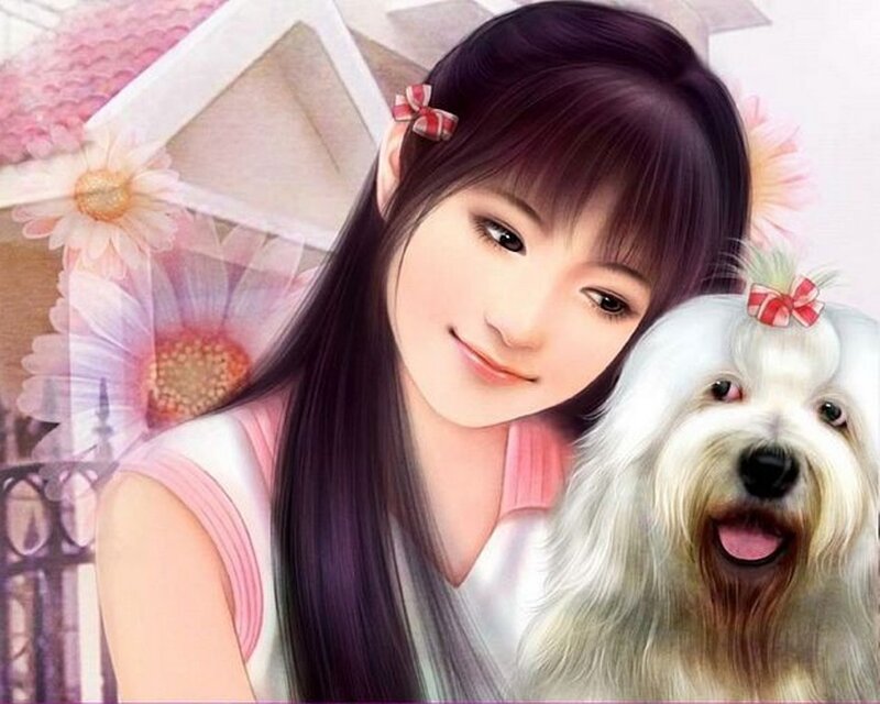 Girl with White Dog — Pink