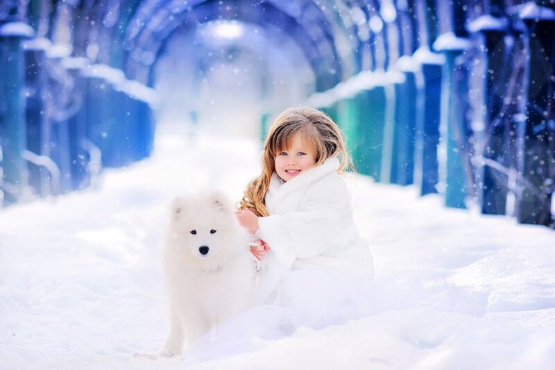 Girl with White Dog — Serene, Winter