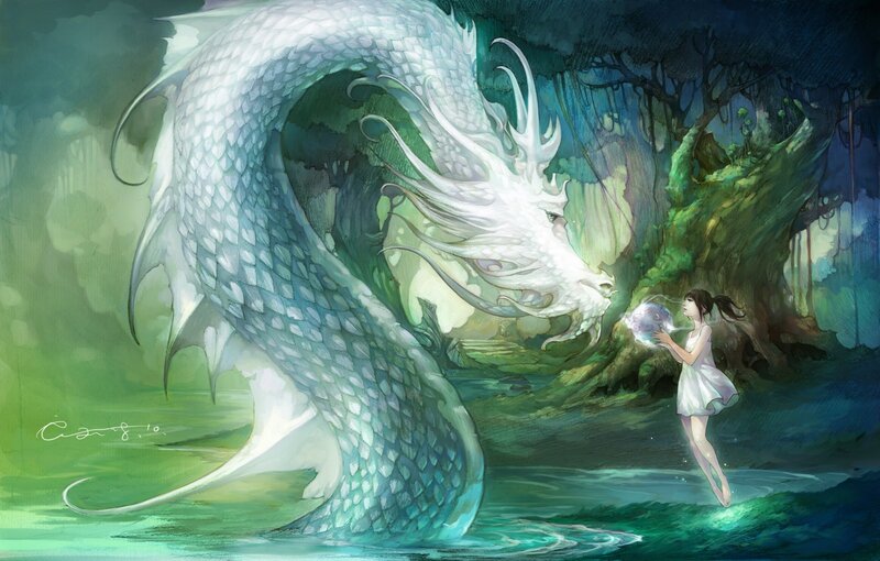 Girl with White Dragon — Green, Serene