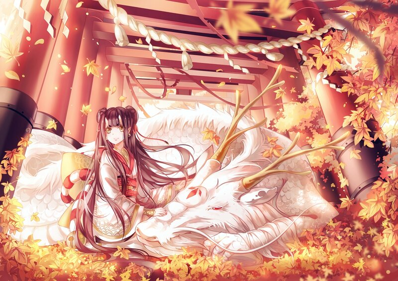 Girl with White Dragon — Red, Serene