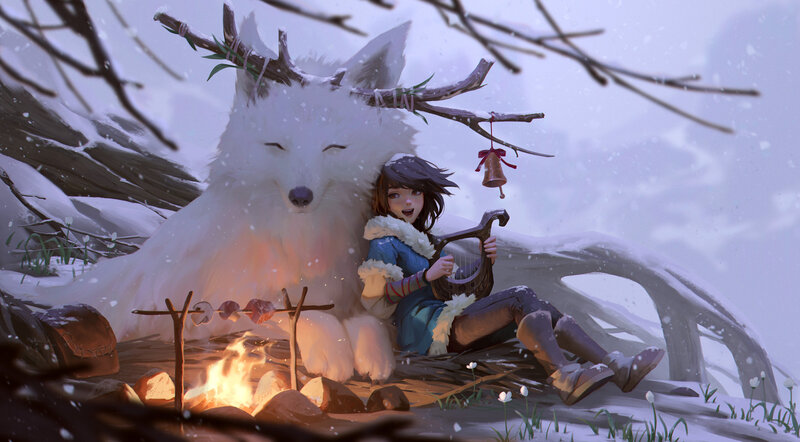 Girl with White Fox — Serene, Winter